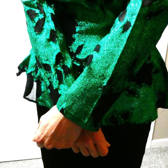 Black Green Dress Size 6 Vintage Midi 50s Shoulder Pads Metallic Sparkling Party - Picture 11 of 14